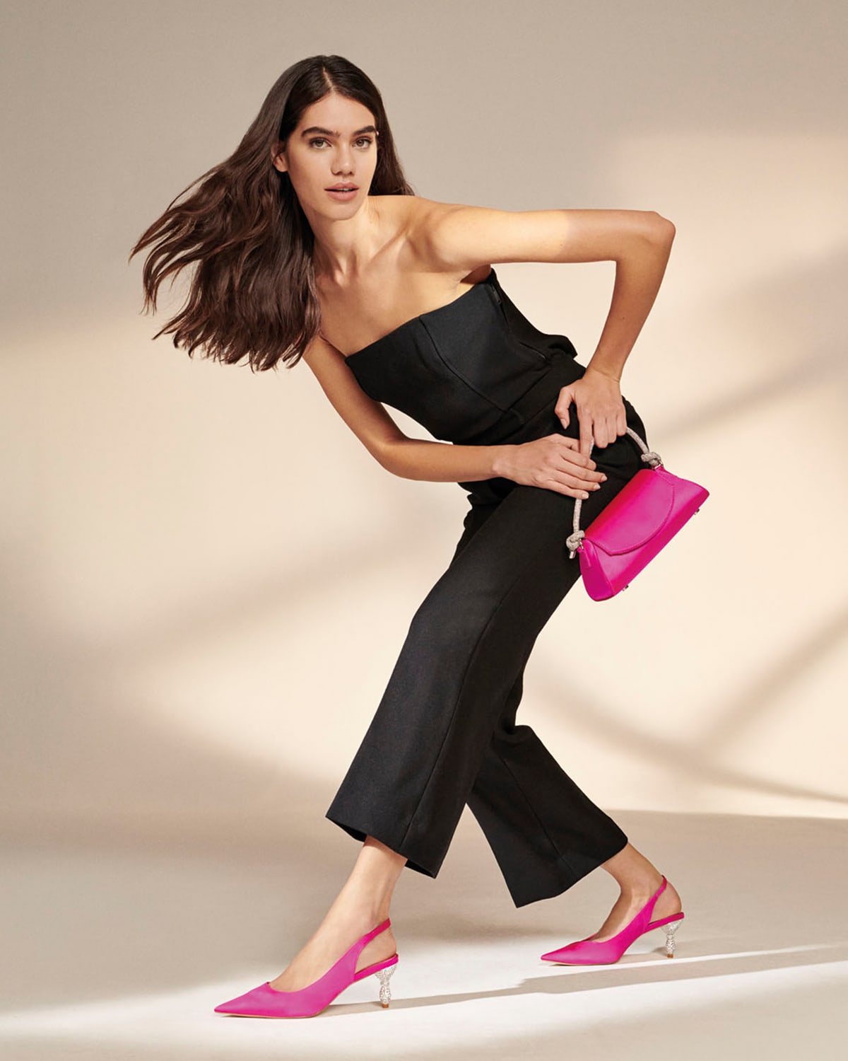 Model image of our pink Brynley bag and Cristal slingback courts