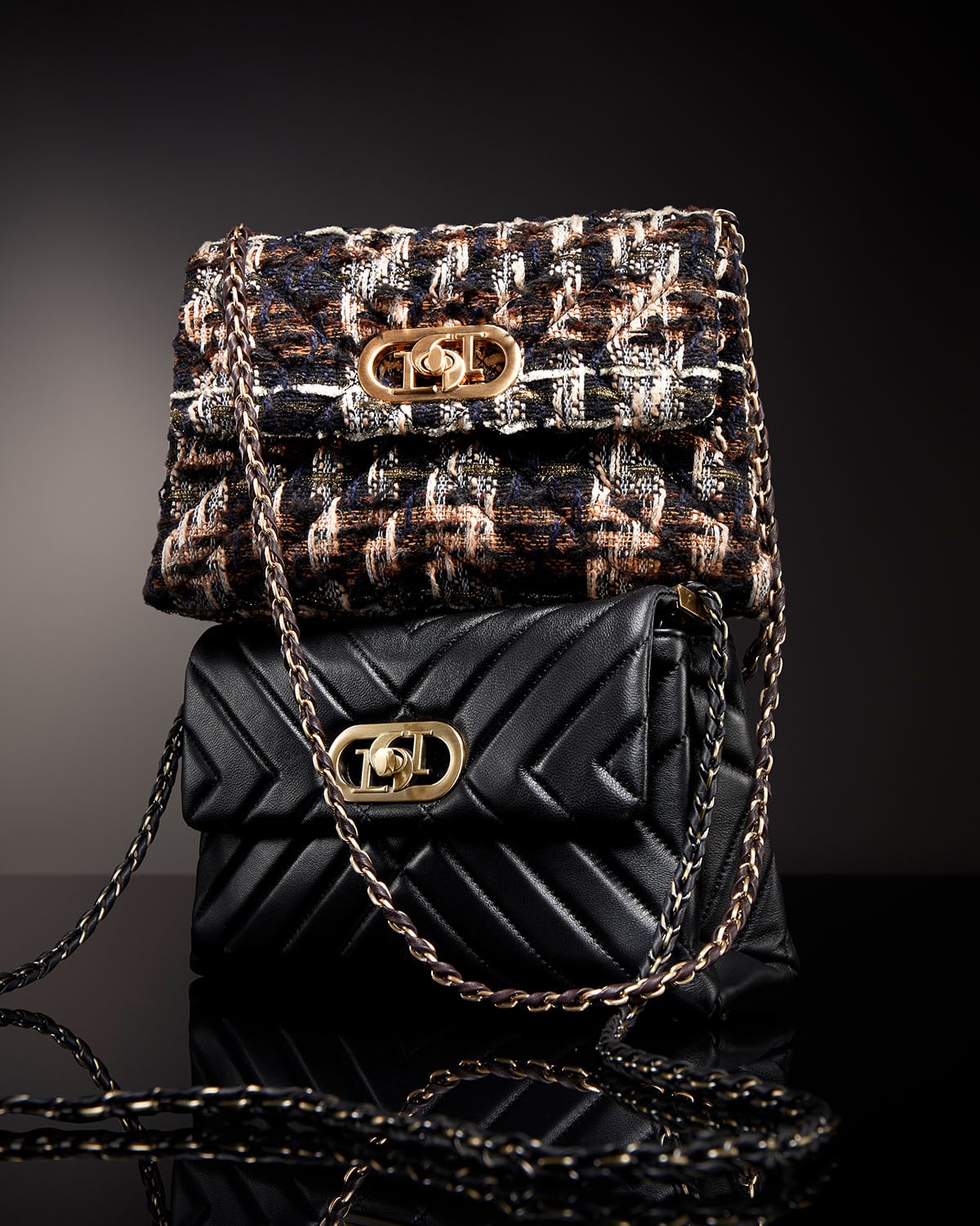 Dune London AW24 Collection Bag Trends Regent bag in boucle and in black leather