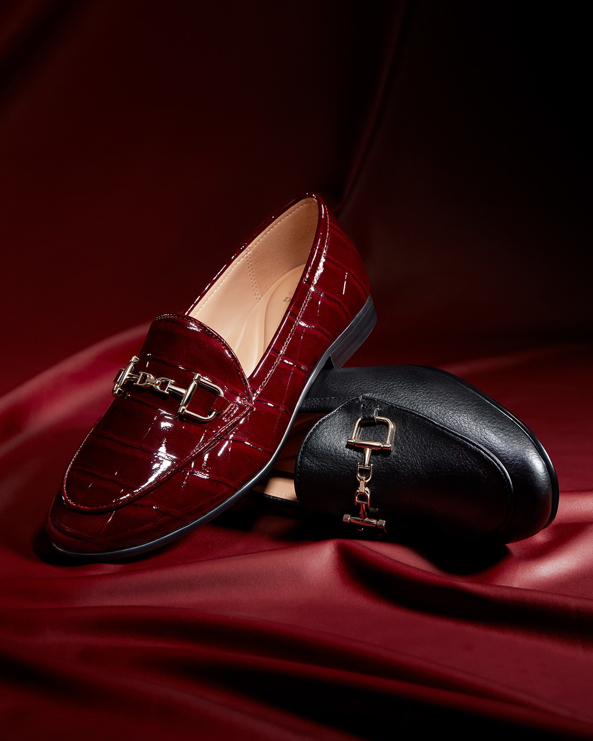 Dune London AW24 Night Cherry Trend Red Glory snaffle trim patent croc-effect loafers