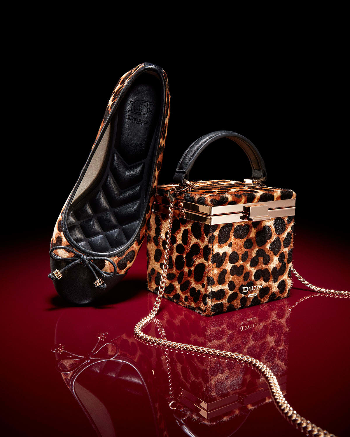 Dune London AW24 Collection Leopard Print Trend Hallo ballet flats and Everlong box clutch