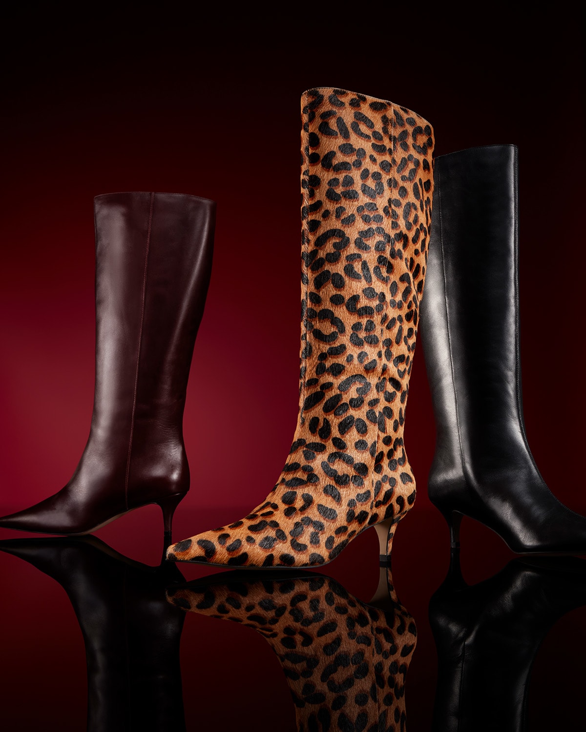 Dune London AW24 Boots Collection Smooth Knee High boots in brown, black and leopard