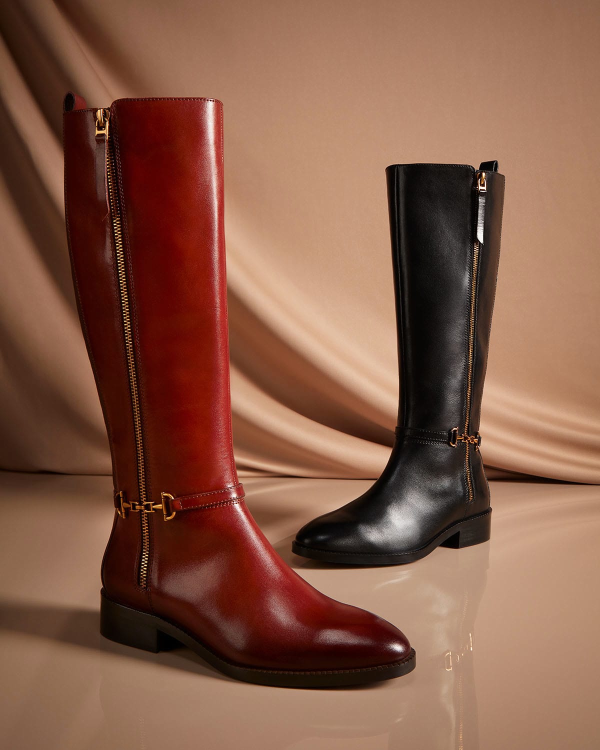 Dune London AW24 Boot Collection Taylyn knee high equestrian boots in burgundy and black