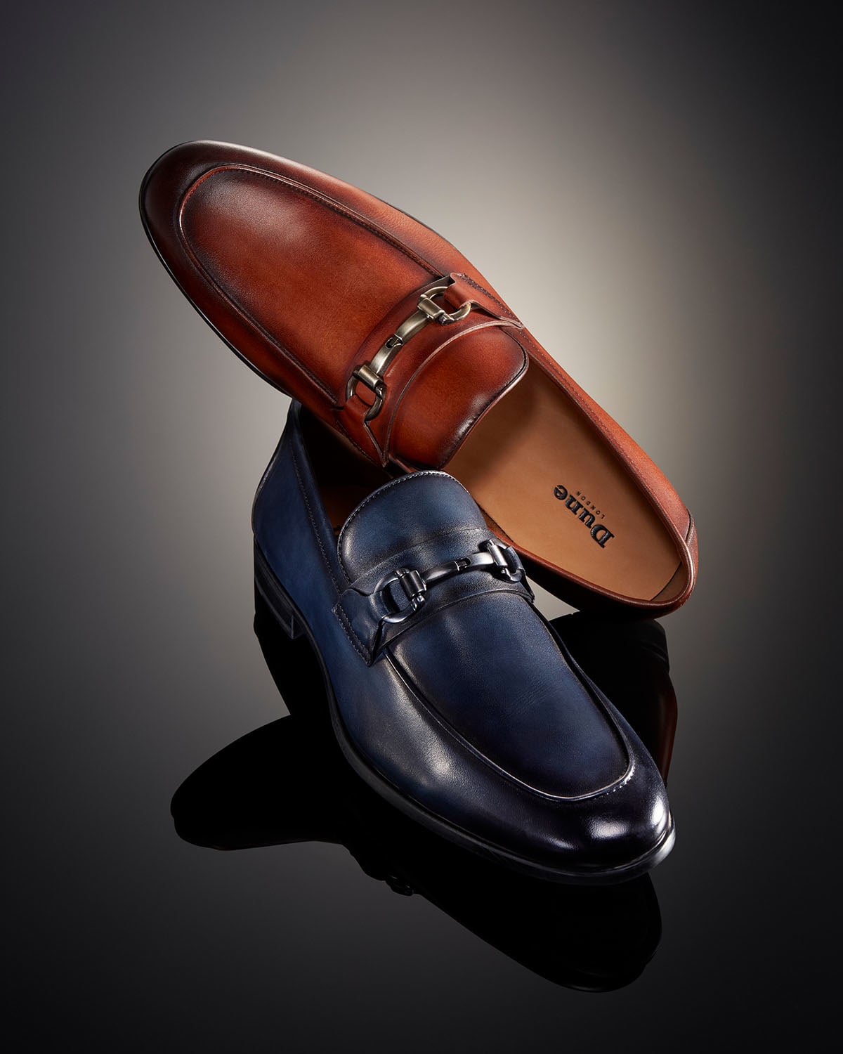 Dune London AW24 Men's Collection Seymore snaffle trim loafer in tan and in navy