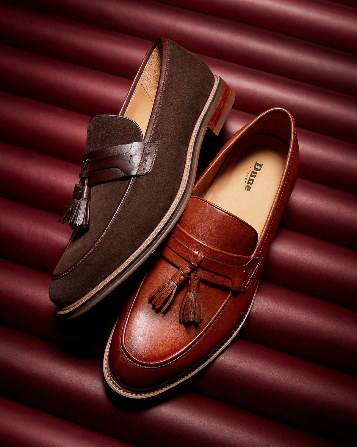 Dune London AW24 Men's Collection Simley leather tassle loafer in brown contrast leather and in tan leather