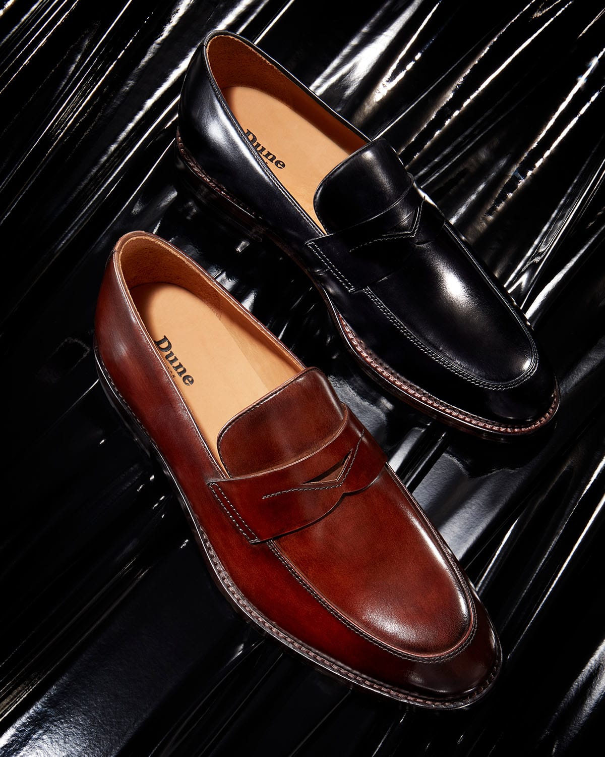 Dune London AW24 Collection Surrey penny loafer in black leather and brown leather