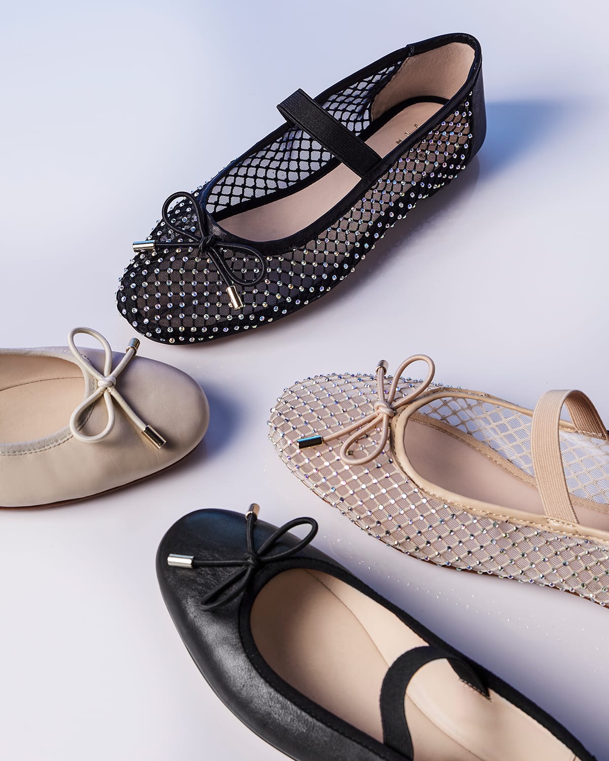 Dune London SS24 Happeningg ballet flats in leather and sheer embellished fabric