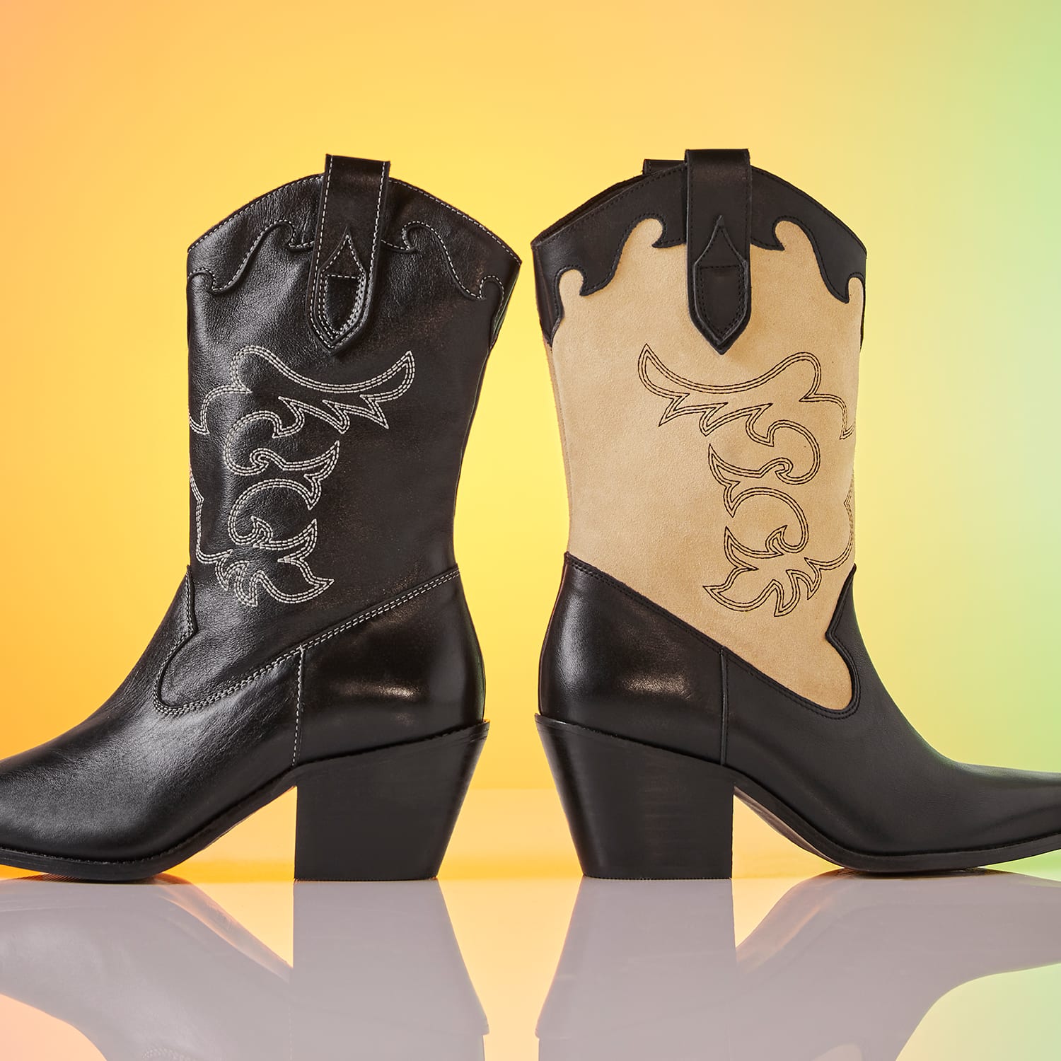 Dune London Prickly mid-height Western boots in black and black and tan