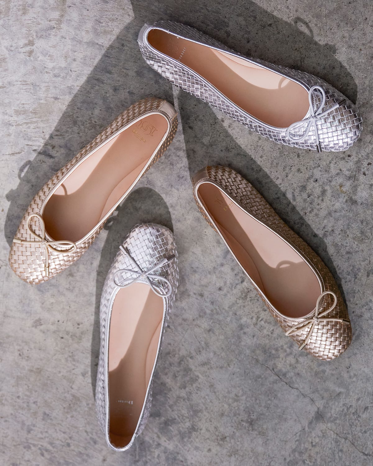 Dune London SS24 woven ballet pumps Heights in gold and silver