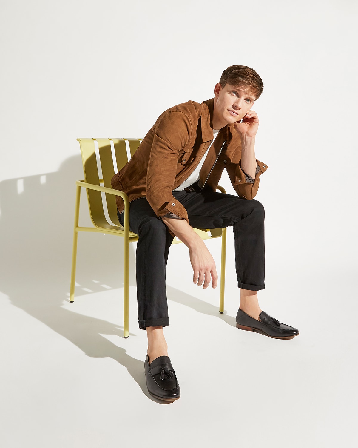 Model wearing the Dune London Support tassel trim leather loafers for The Style Series