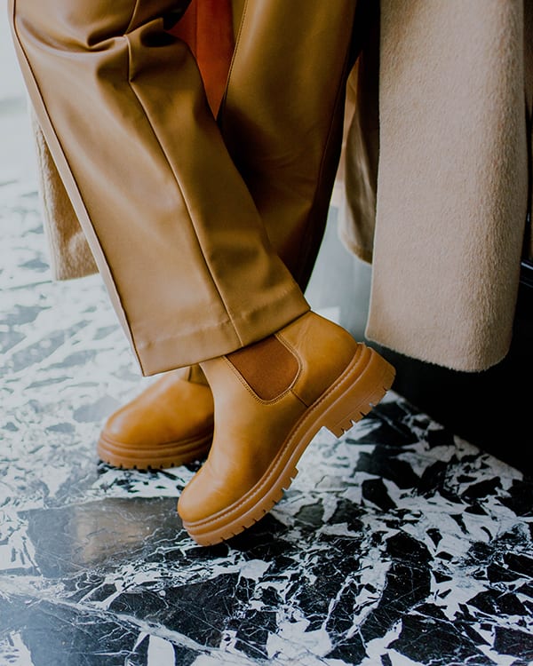 Close up of palles boot in camel 