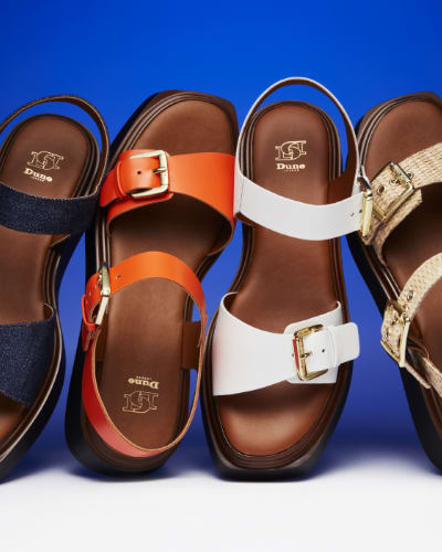 Women's flatform sandals with buckle detail in denim, orange leather and white leather