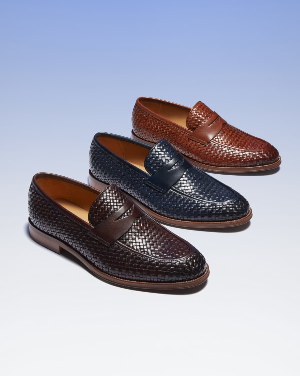 Men's woven leather loafers in tan, navy and dark brown