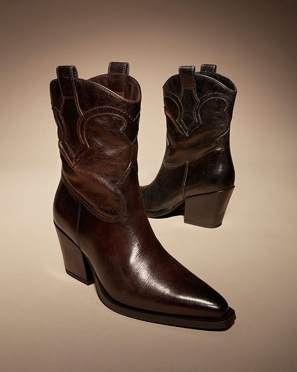 Women&rsquo;s brown heeled cowboy boots.