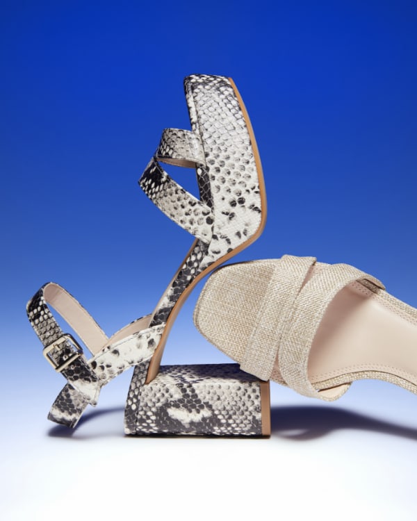 Block heeled sandal with buckle detail straps in snakeskin and ecru