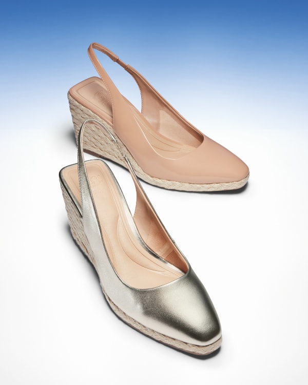 Women’s wedge sandals in gold and nude, perfect for a stylish summer look