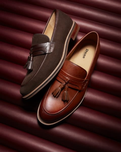 Men's slip on loafers with tassel trim in tan leather and brown suede