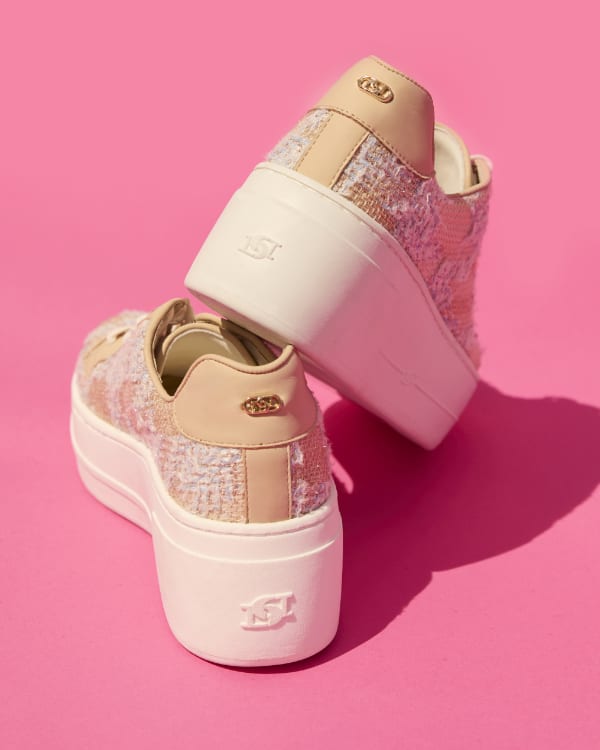 Lace-Up Flatform Trainers in boucle leather mix on pink background
