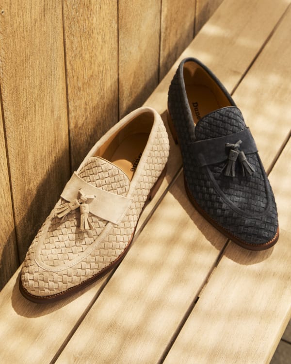 Men's woven leather loafers in tan, navy and dark brown