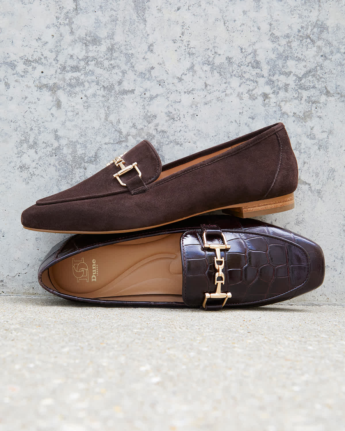 Dune London AW25 Loafer styles Grained in brown suede and burgundy croc-effect