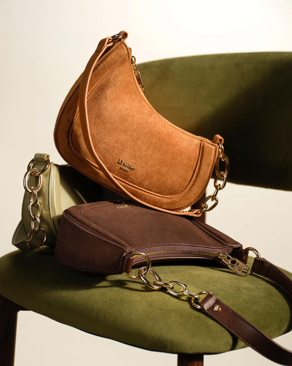 Dune London SS25 Transitional Styles Direction in dark brown and tan suede