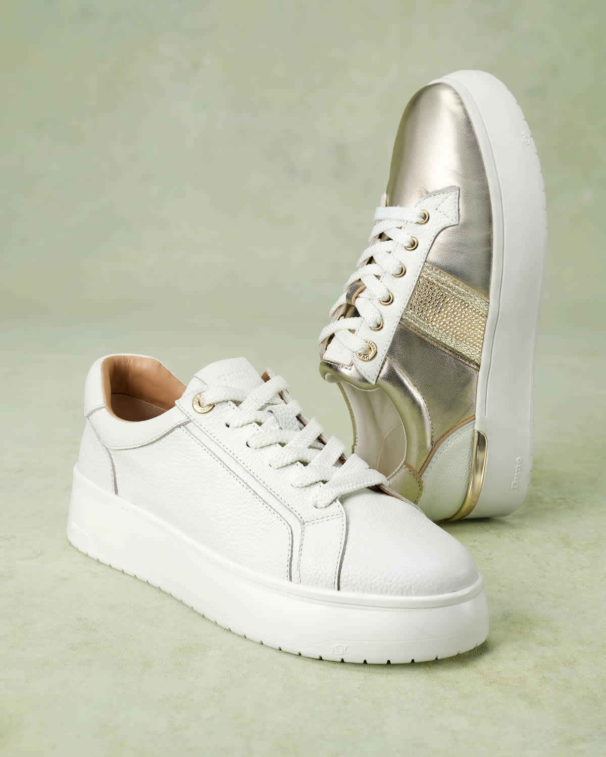 Dune London SS25 Emeelia trainers in silver and gold