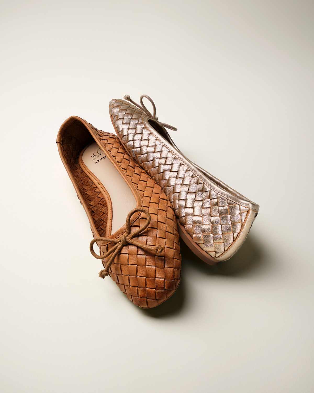 Dune London SS25 Heat woven ballet flats in metallic and in brown