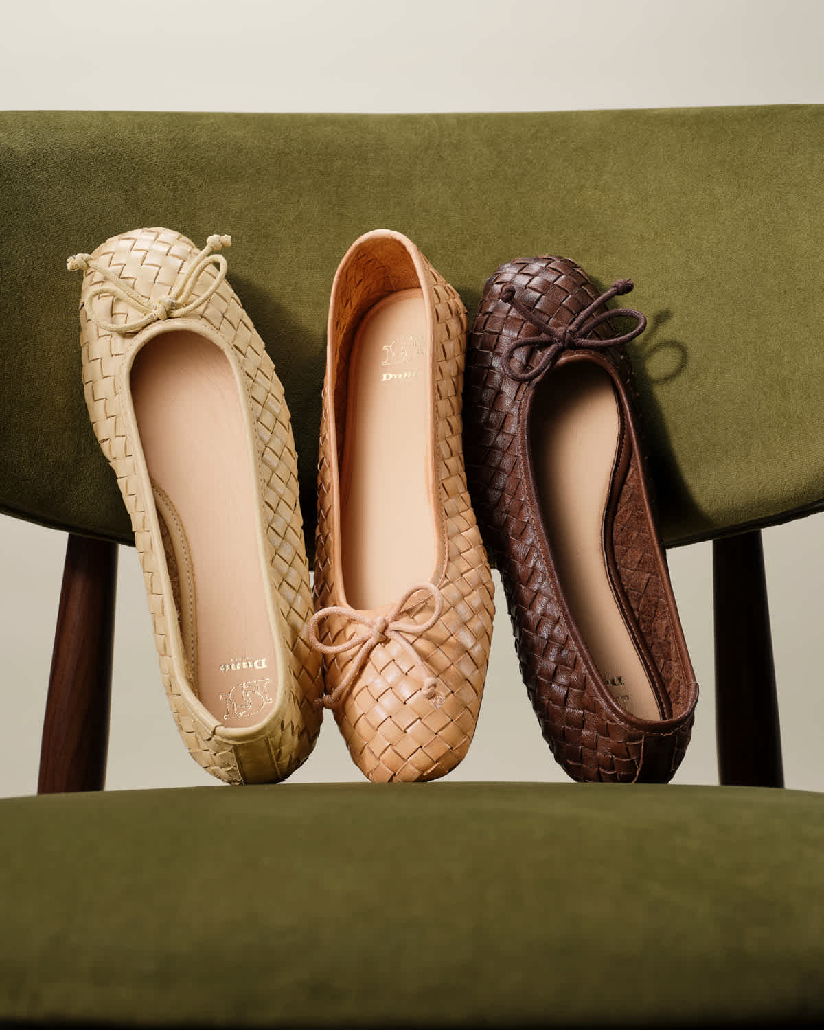 Dune London SS25 Heat woven ballet flats in yellow, pink and brown