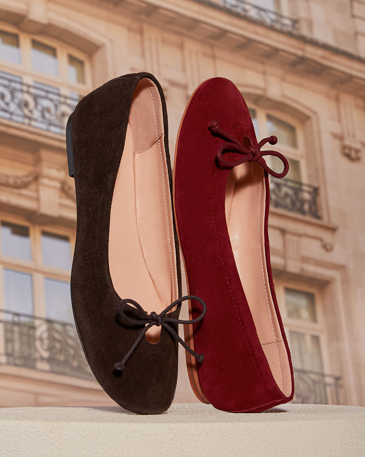 Dune London SS25 Summer suede trend Hilife ballet flats in brown and in burgundy