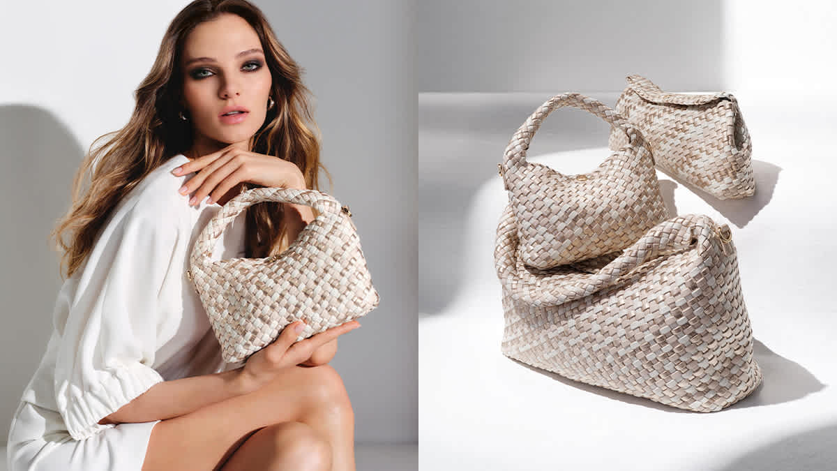 Women's woven shoulder bag in black, bronze and brown