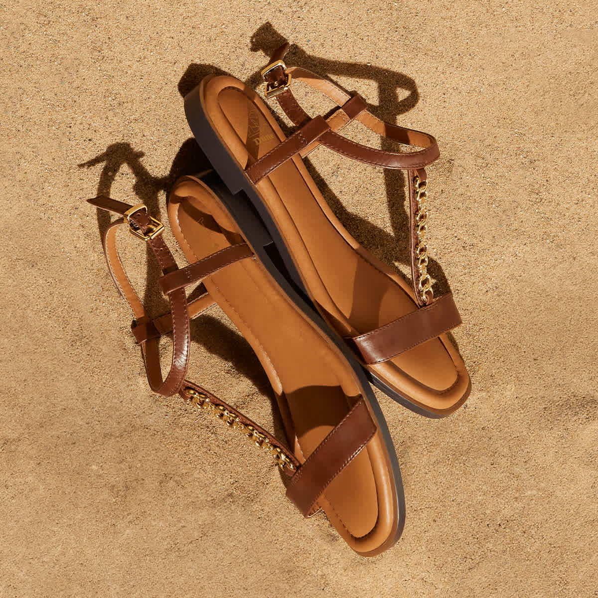 Tan Leather Chain Detail Open Toe Sandals