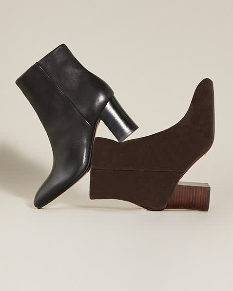 Women's Block Heel Ankle Boots in black leather and chocolate brown suede