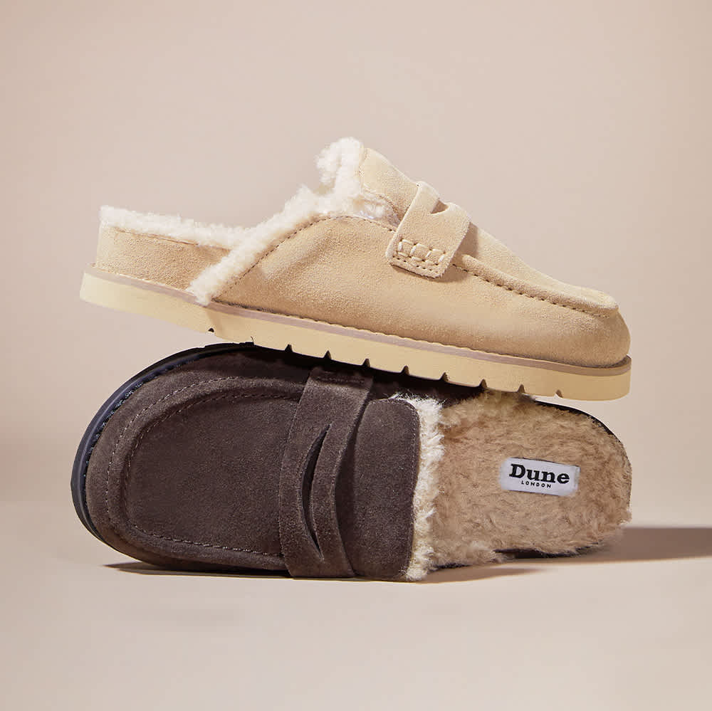 Faux Shearling Lined Backless Mule Suede Loafers in brown and beige