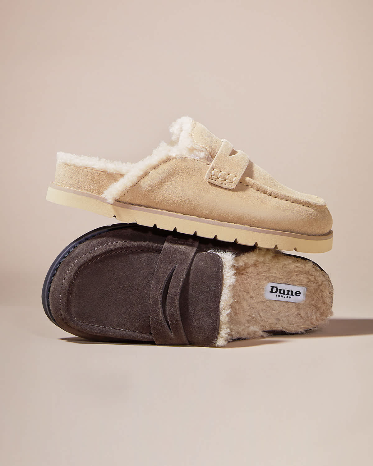 Faux Shearling Lined Backless Mule Suede Loafers in brown and beige