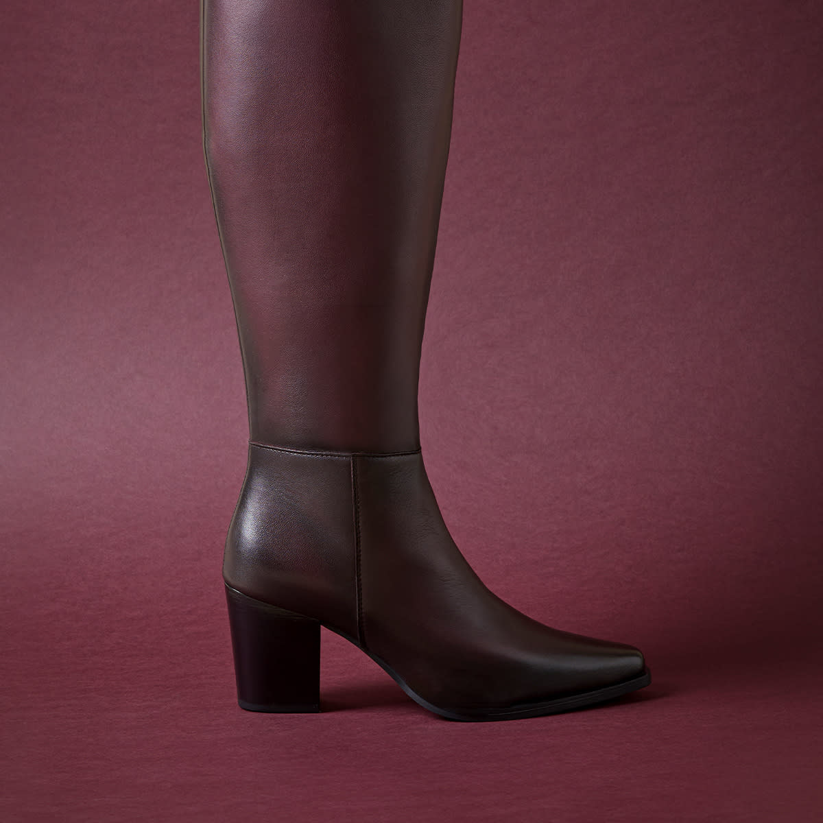 Burgundy Leather Block Heel Knee High Boots