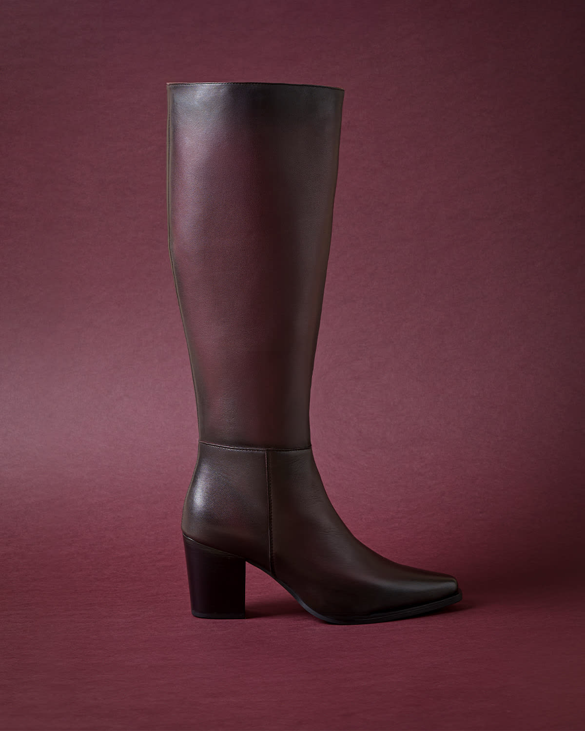 Burgundy Leather Block Heel Knee High Boots
