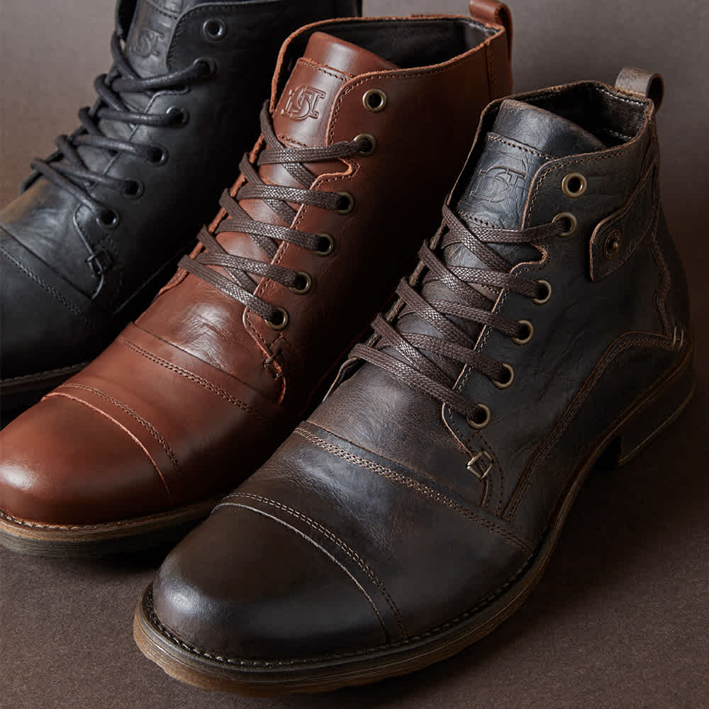 Men's Leather Seam Detail Boots in brown leather