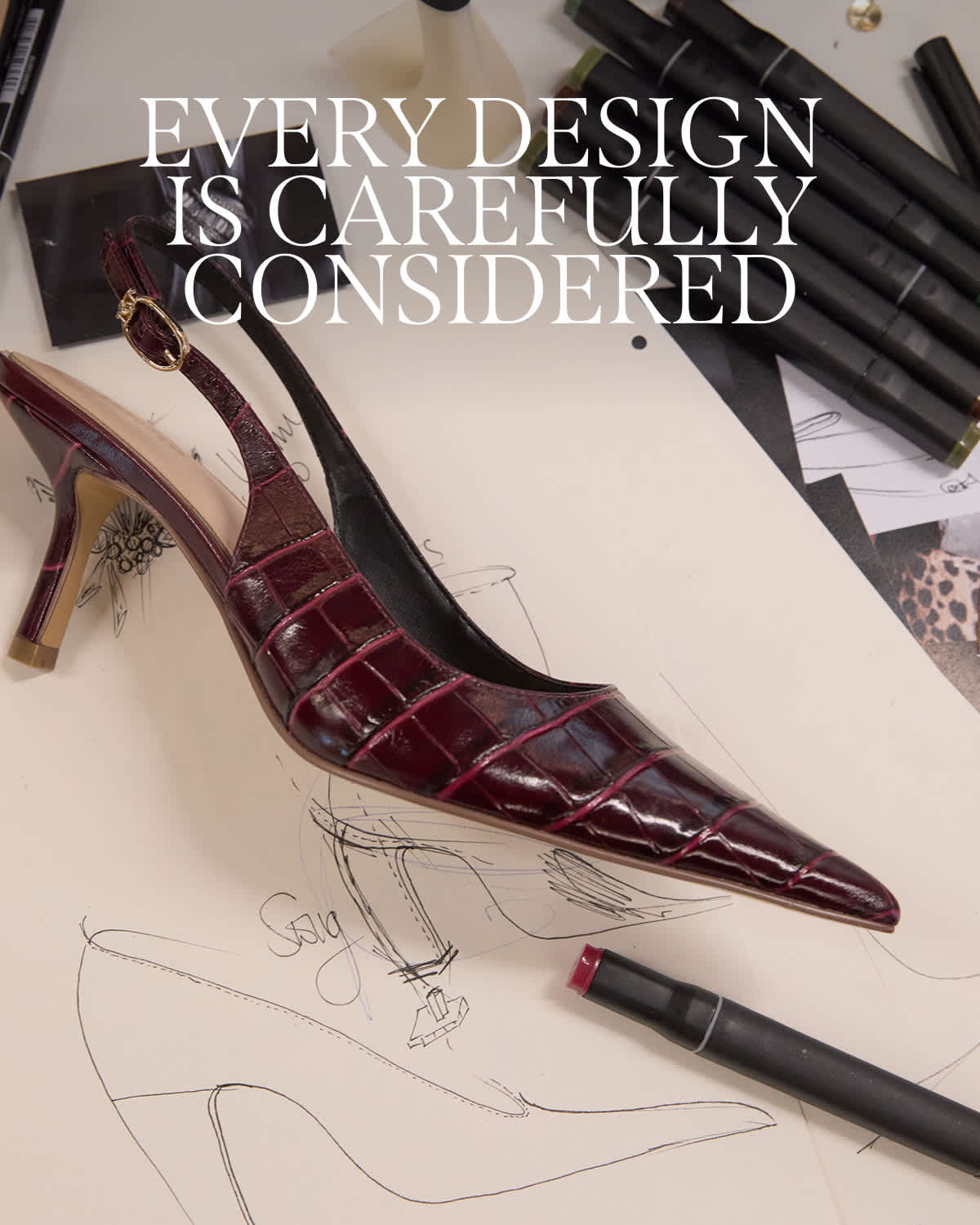 A Dune shoe next to a drawing of shoes 