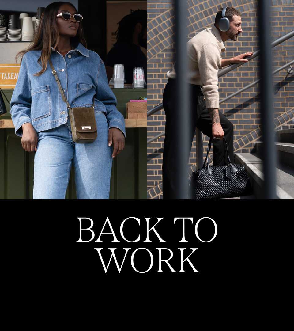 On the left is a woman holding a bag and wearing sunglasses and on the right is an image of a trainer 
