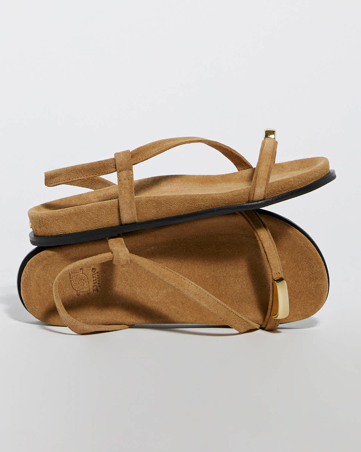Gold Toe Trim Sandals in a sand coloured suede