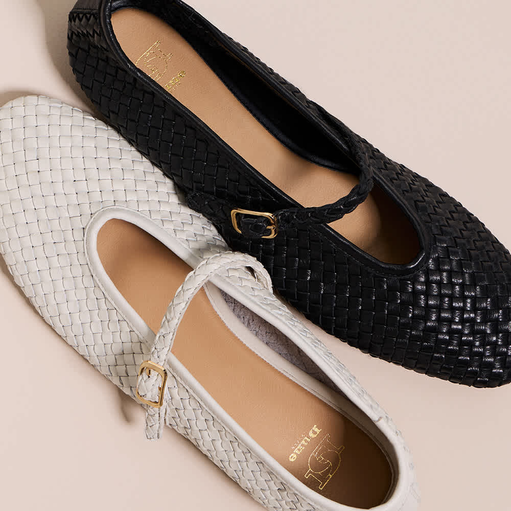Square Toe Mary Jane Woven Leather Flats in ecru and black