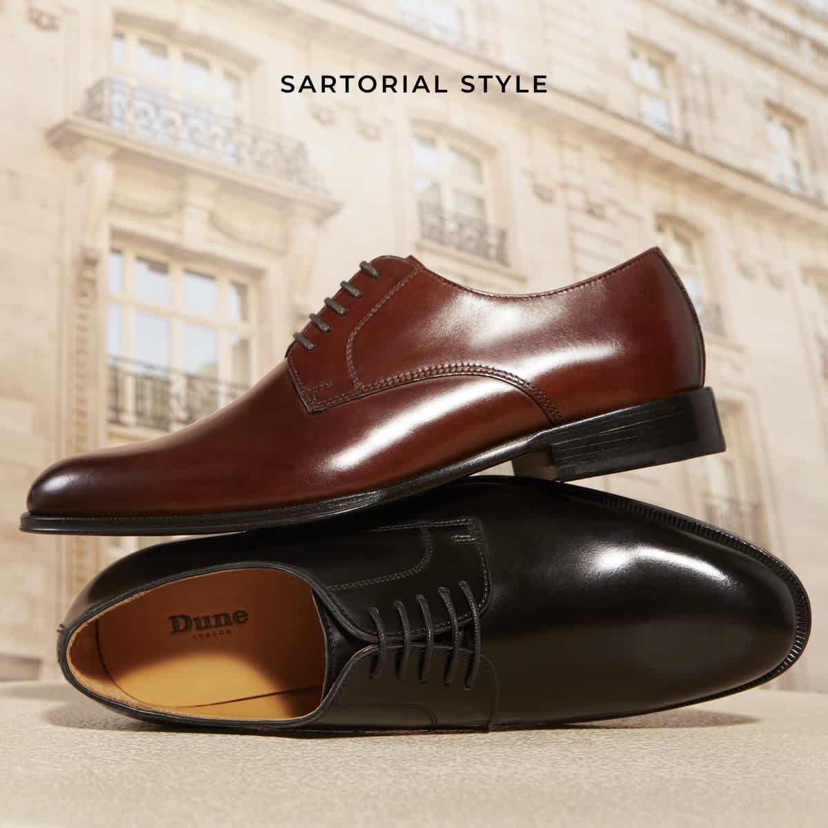 Men's smart premium leather derby shoes in tan and black leather.