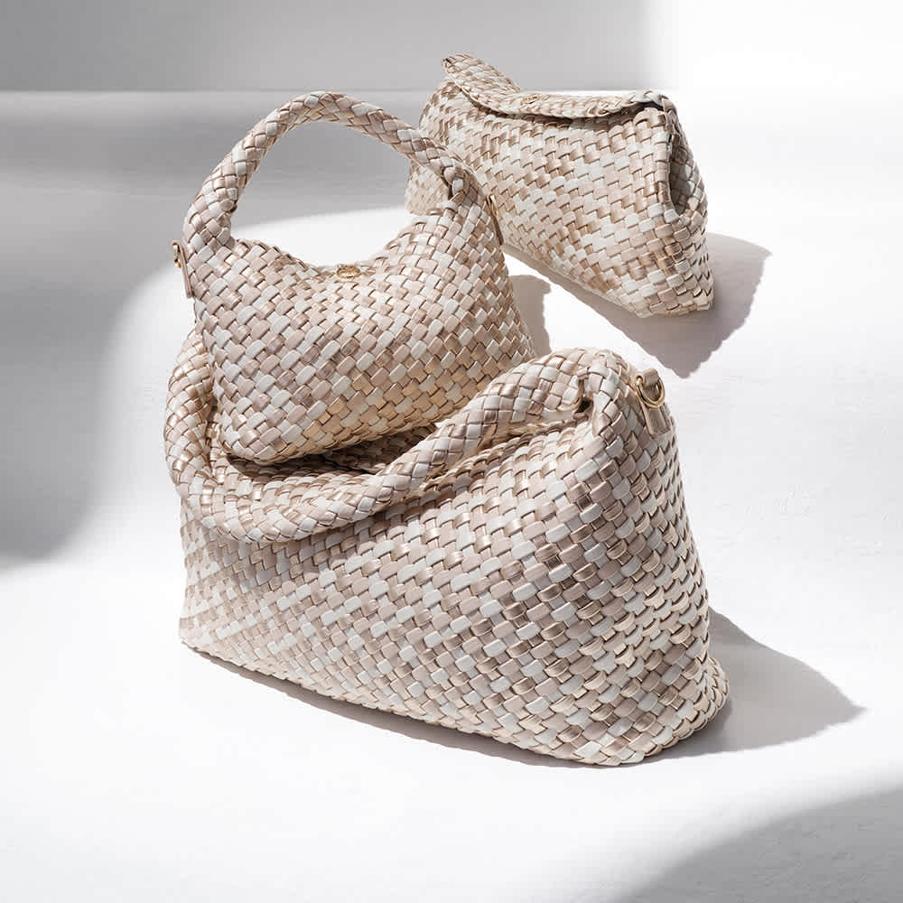 Women's woven Deliberate bags in ecru, large shoulder bag, dinky grab bag and clutch bag.