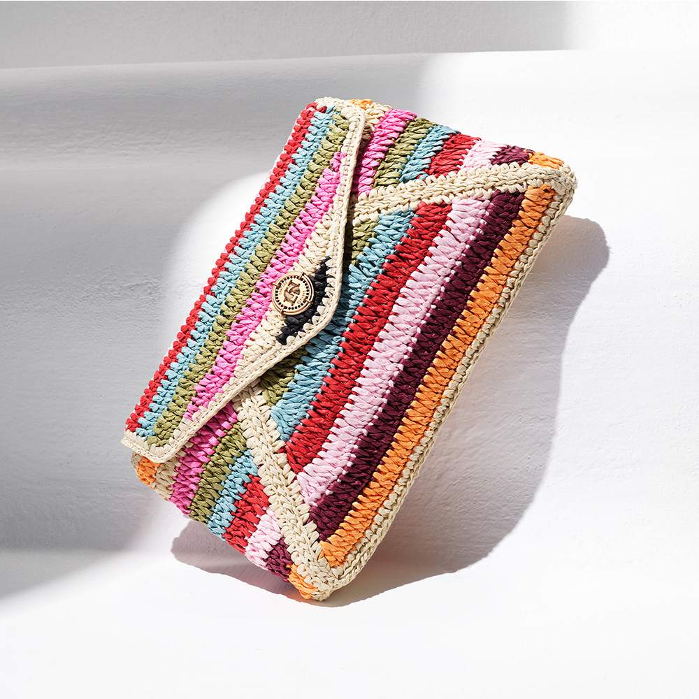 A raffia multicoloured stripe clutch bag