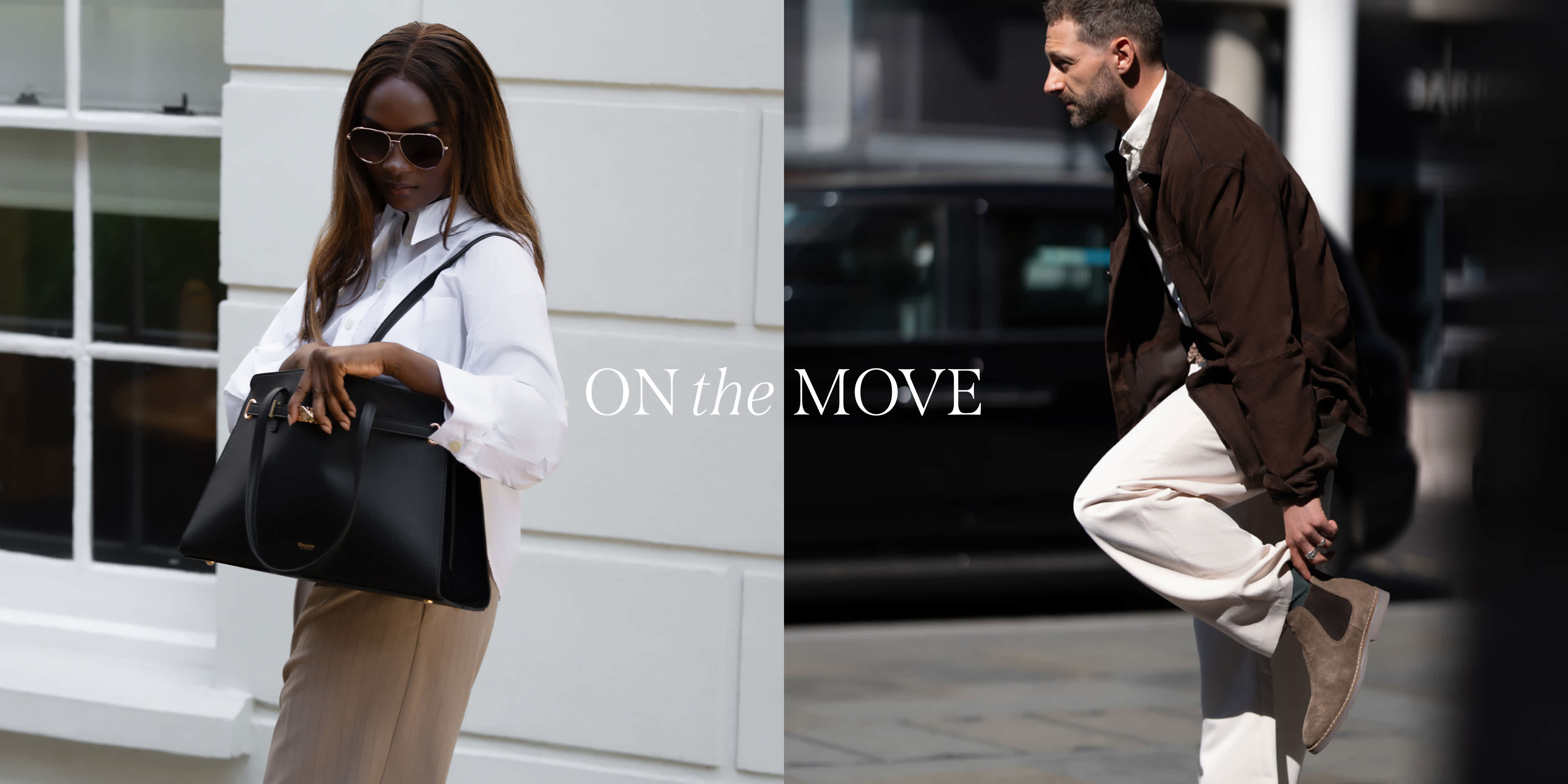 On the left is a woman holding a bag and wearing sunglasses and on the right is an image of a trainer 