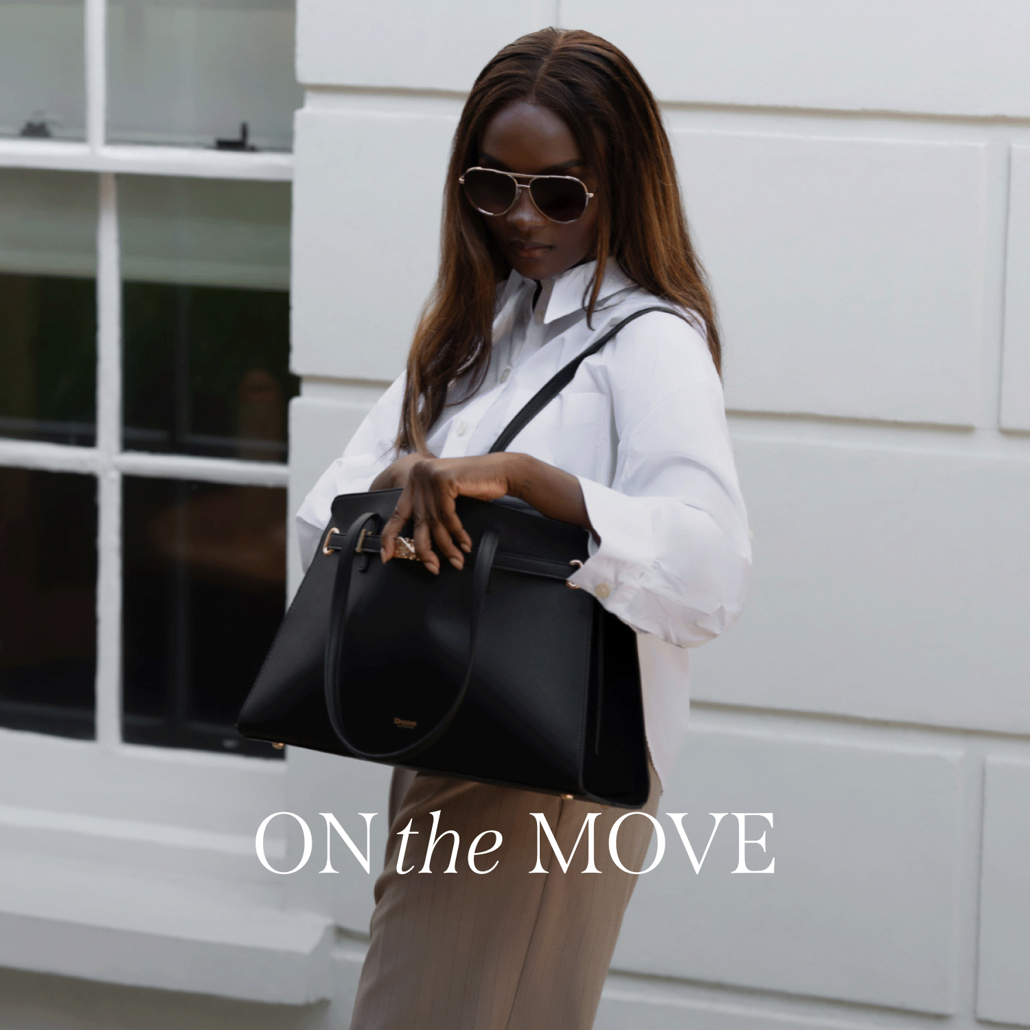 On the left is a woman holding a bag and wearing sunglasses and on the right is an image of a trainer 