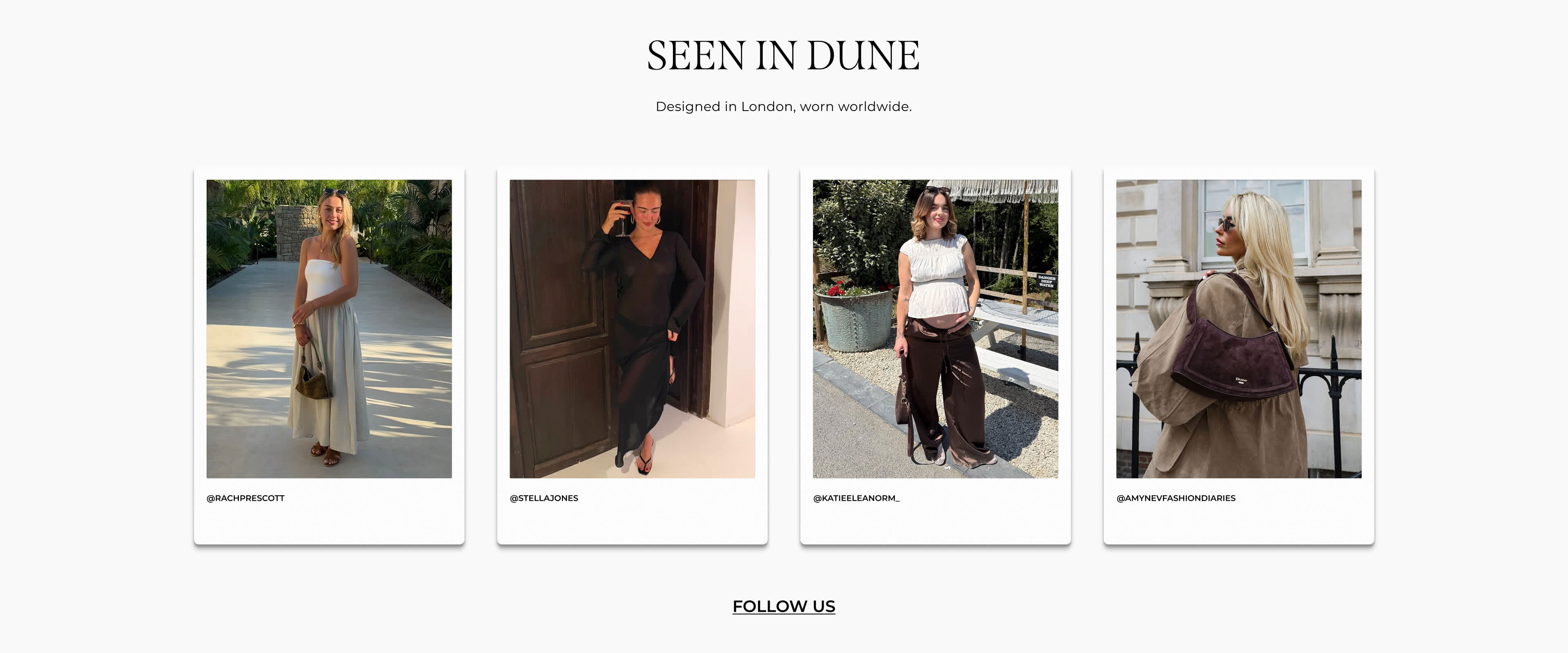 Collage of influencers, press, stylists wearing Dune London products at Ascot 