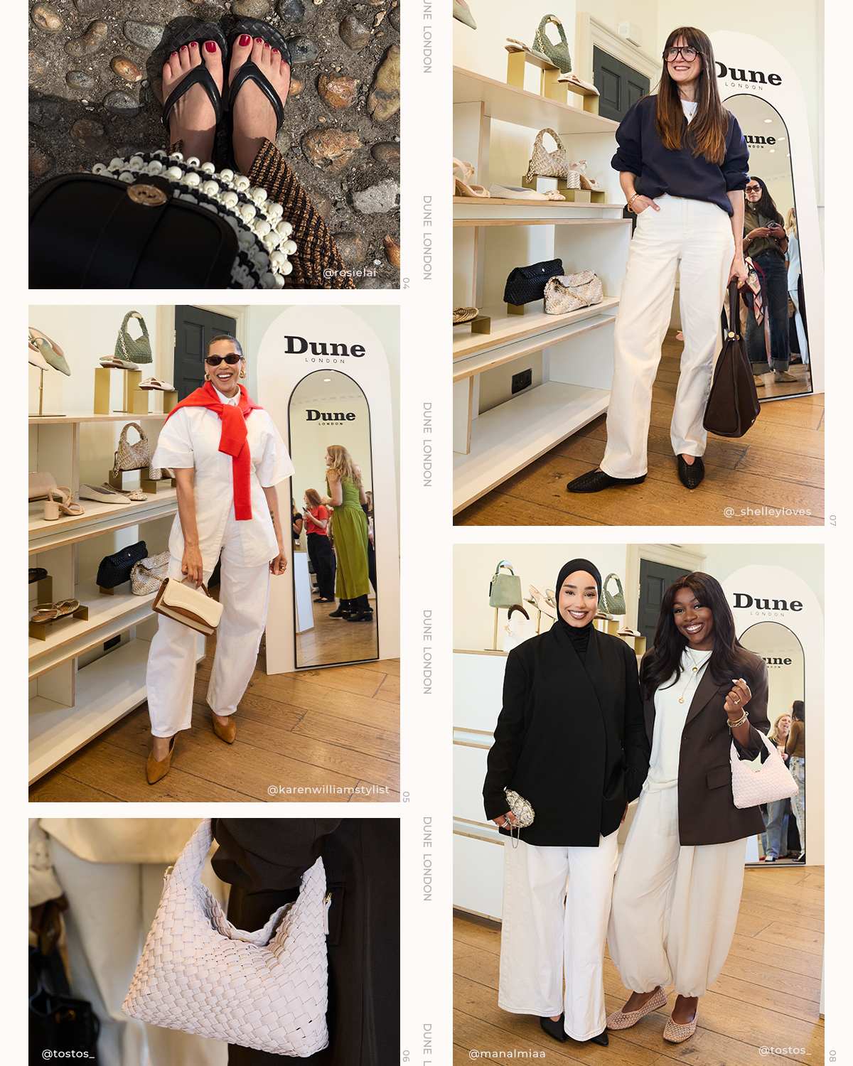 Collage of influencers, press and stylists wearing Dune London product