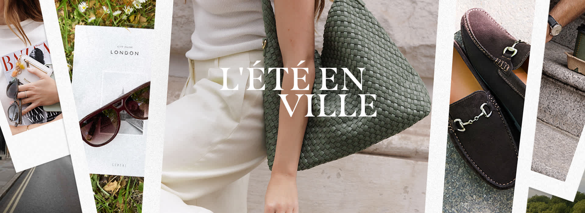 a collage of imagery featuring a model wearing a green woven bag, sunglasses and a magazine and men's brown suede loafers with snaffle detail