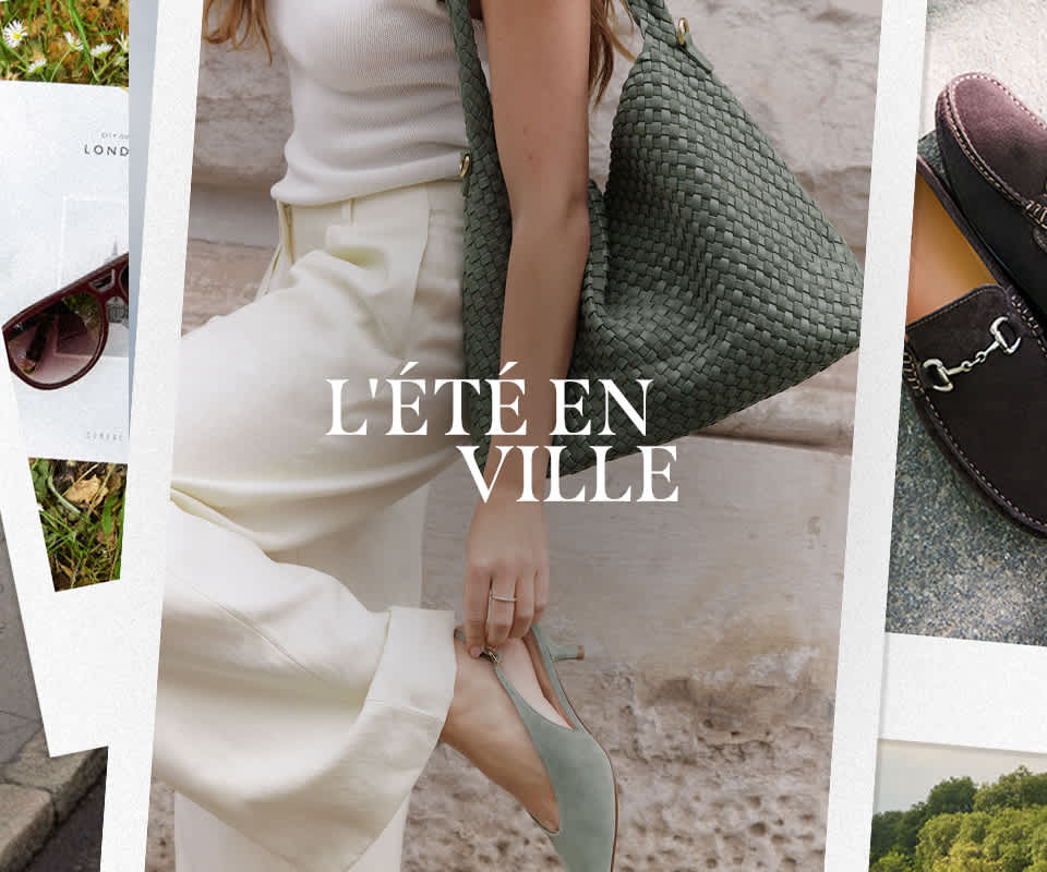 a collage of imagery featuring a model wearing a green woven bag, sunglasses and a magazine and men's brown suede loafers with snaffle detail