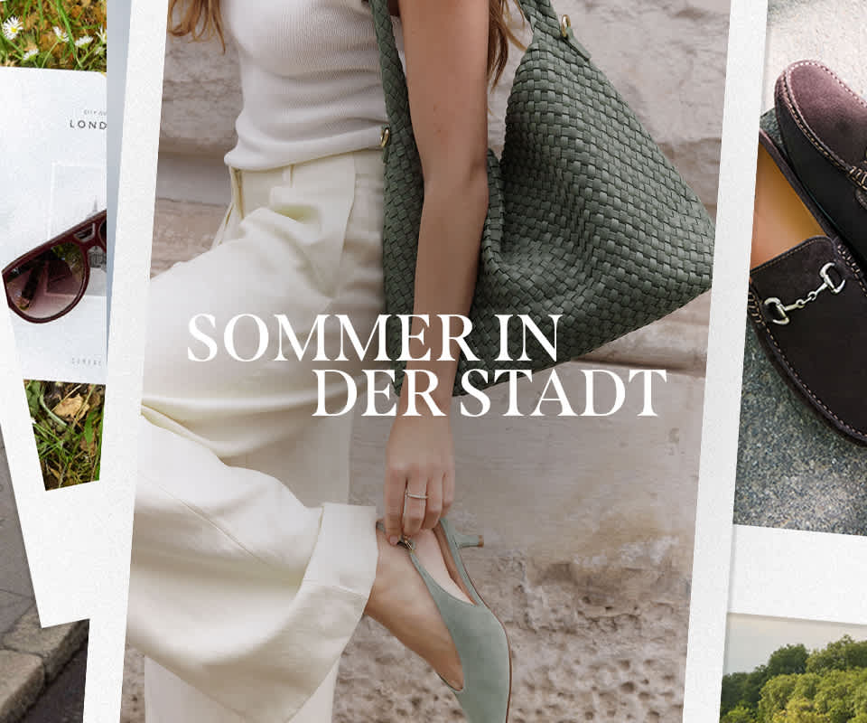 a collage of imagery featuring a model wearing a green woven bag, sunglasses and a magazine and men's brown suede loafers with snaffle detail